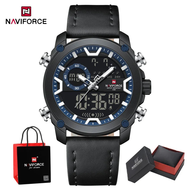 NAVIFORCE Man's Watch Quartz Dual Display Waterproof Leather Strap Alarm Male Simple Fashion Business Casual Wristwatch Gift Box