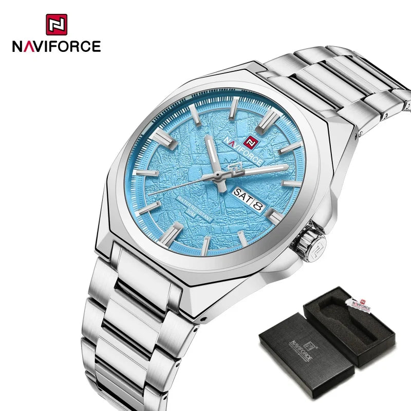 NAVIFORCE Men's Watch Quartz Calendar Week Display Waterproof Luminous Steel Band Male Trendy Outdoor Business Wristwatch NF9273