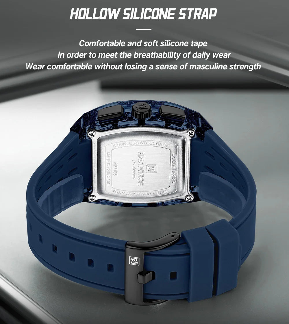 NAVIFORCE Outdoor Quartz Wristwatch for Men Chronograph Auto Date 5ATM Waterproof Silicone Strap Male Casual Fashion Sport Clock