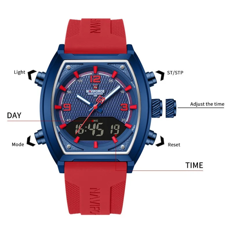 NAVIFORCE Fashionable Man's Quartz Watch Waterproof Dual Display Luminous Military Style Male Sports Wristwatch Gifts Box NF9242