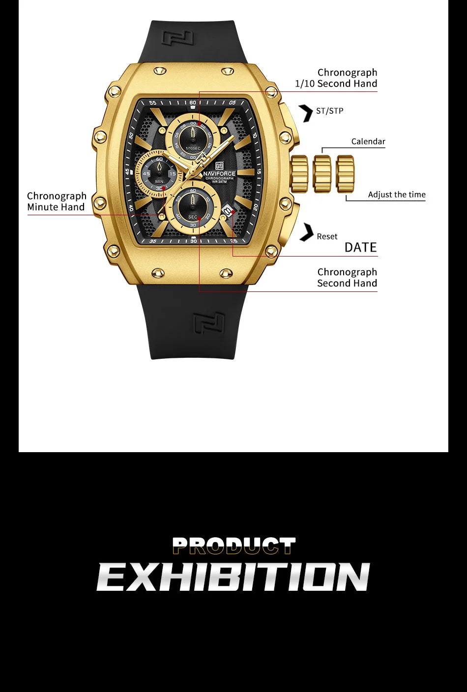 NAVIFORCE Leisure Male Clock Chronograph Watches for Man Quartz 30M Waterproof Luminous Hands Silicone Strap Wristwatch Gift Box