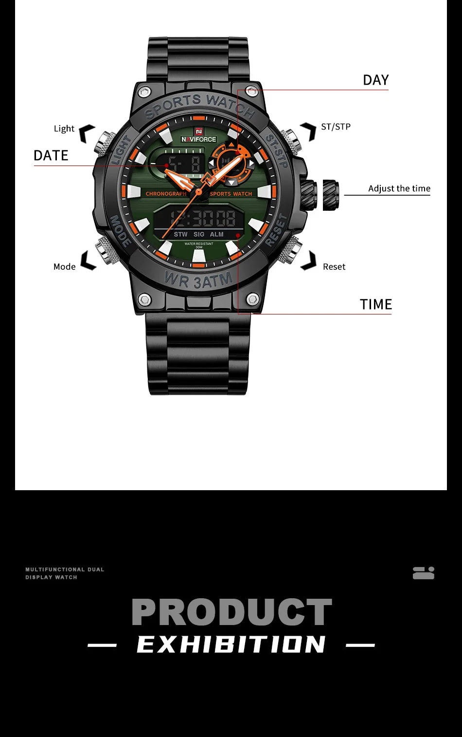 NAVIFORCE New Military Sports Mens Watches Top Brand Luxury Dual Display Waterproof LED Digital Watch for Men Quartz Wristwatch