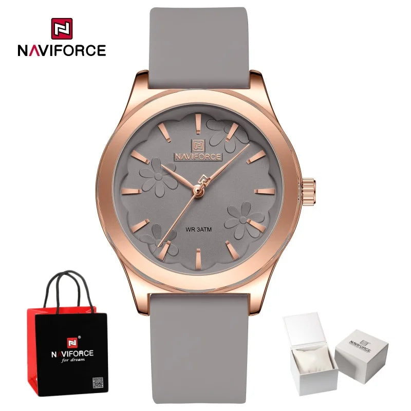 NAVIFORCE Women Simple Fashion Wristwatch Quartz 3ATM Waterproof Comfortable Silicone Strap Female Exquisite Wristwatch Gift Box