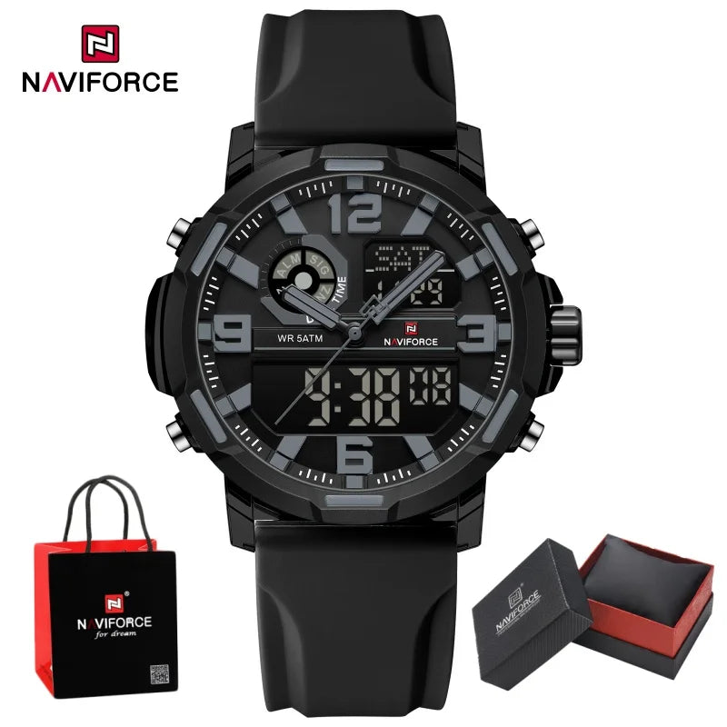 NAVIFORCE Men Dual Display Watch Alarm Clock 50M Waterproof Chronograph Stylish Novel Teenager Outdoor Sport Wristwatch Gift Box