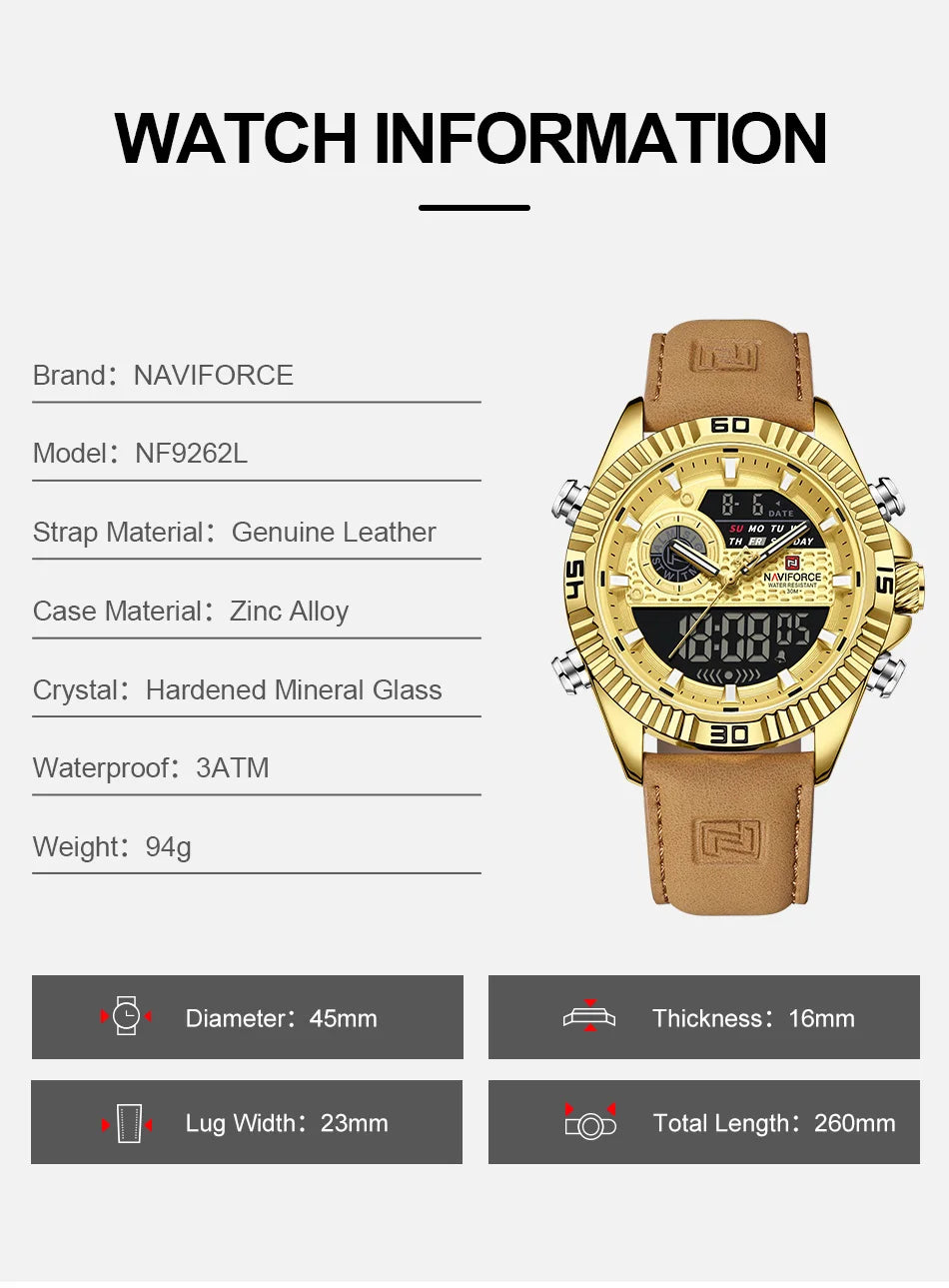 NAVIFORCE Men's Watches Sport Quartz Analog LCD Digital Wristwatch 30m Waterproof Luminous Chronograph Watch for Men Date Clock