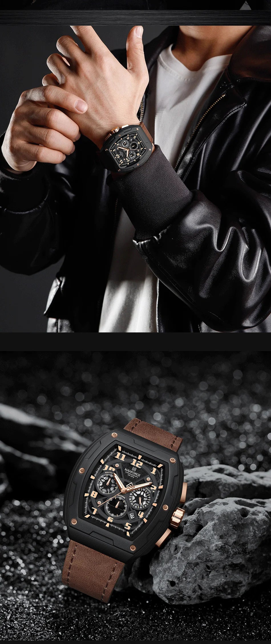 NAVIFORCE Wristwatch for Man Quartz Chronograph 3ATM Waterproof Male Business Clock Trendy Leather Strap Gifts for Father's Day