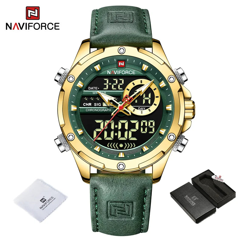 NAVIFORC Casual Sport Chronograph Men's Watch Genuine Leather Band Wristwatch Quartz Clock Luminous Display Relogio Masculino