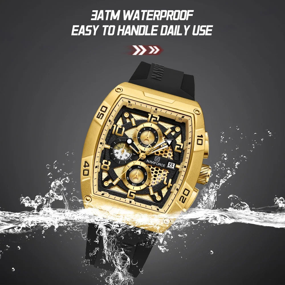 NAVIFORCE Fashion Men’s  Large Dia Multi-function PU Waterproof Clock Gold Design Quartz Watches Casual Male Wrist Watch Gifts