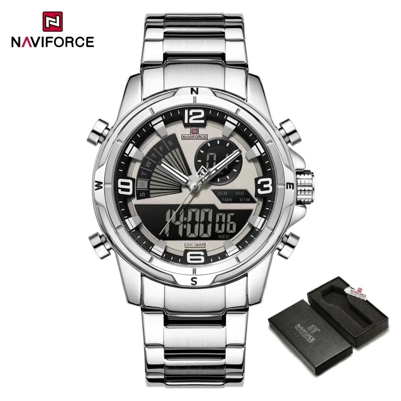 NAVIFORCE Men Watch Steel Band Men's Wrist Watch Casual Sports Multifunction Waterproof big dial Chronograph Day and Date Clock
