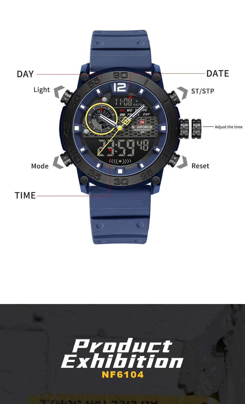 NAVIFORCE Men's Watch PC Material Analog LCD Digital Display Sport Waterproof Quartz Wristwatch Date Chronograph Luminous Clock
