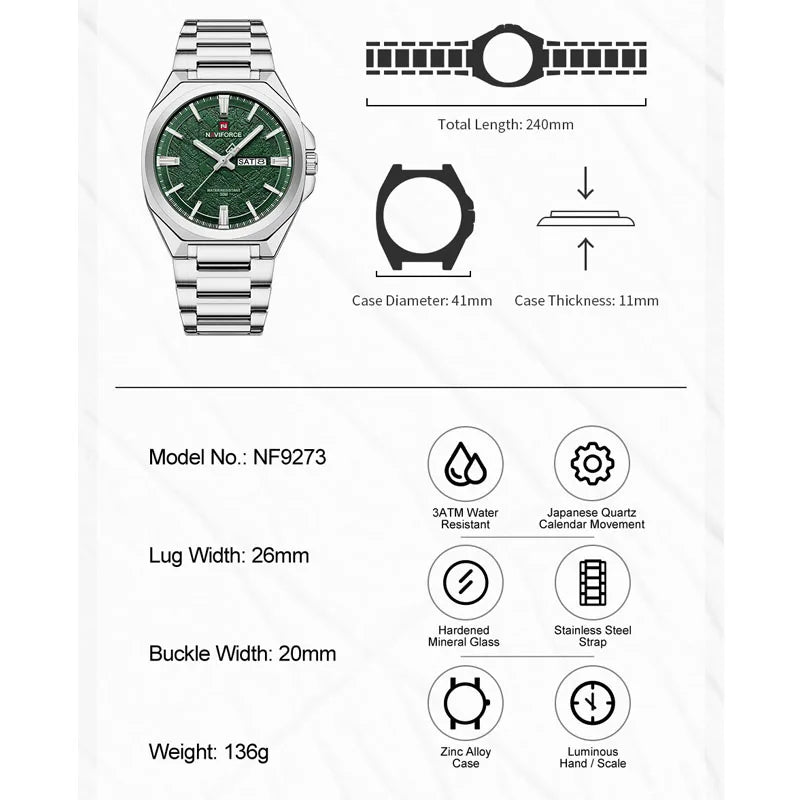 NAVIFORCE Men's Watch Quartz Calendar Week Display Waterproof Luminous Steel Band Male Trendy Outdoor Business Wristwatch NF9273
