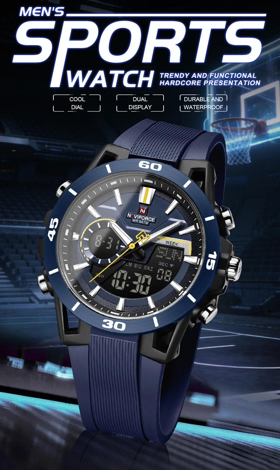 NAVIFORCE Men Watches Quartz Dual Display 50M Waterproof Chronograph Luminous Alarm Clock Male Business Sports Trendy Wristwatch
