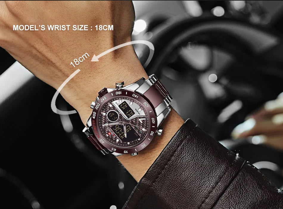 NAVIFORCE Men's Fashion Sports Watch Quartz Dual Display Luminous Waterproof Steel Band Clocks Male Outdoor Wristwatch Gifts Box