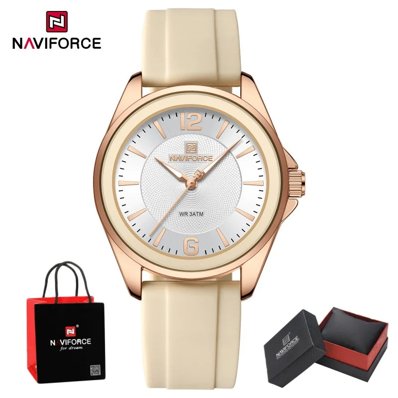 NAVIFORCE Top Brand Women's Quartz Watch Silicone Strap Fashionable Wristwatch Comfortable Girls Simple Gift Clock Box NF5068