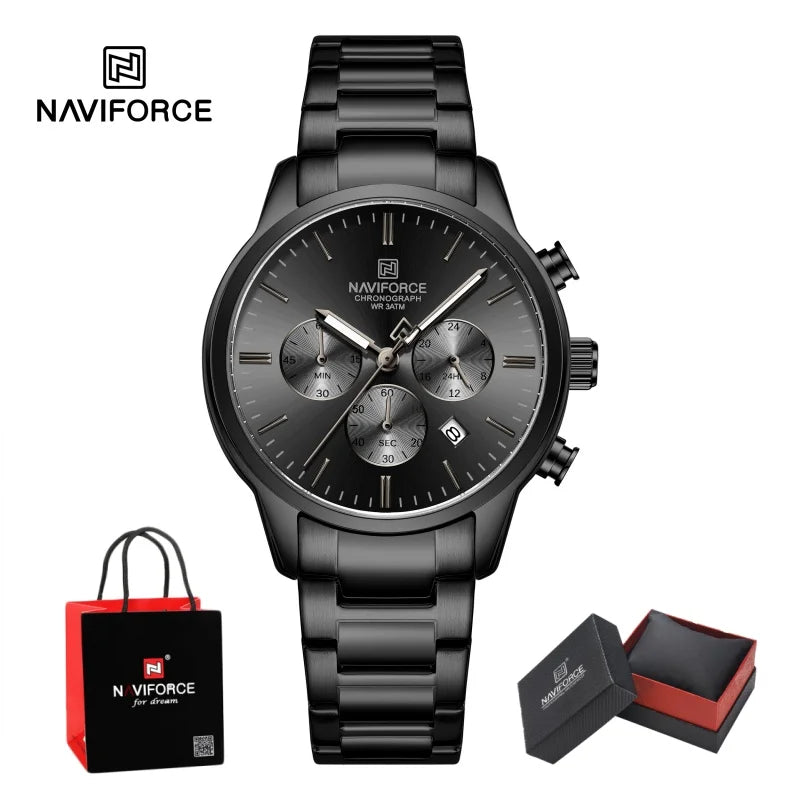 NAVIFORCE 2026 Man's Watch Quartz Chronograph 30M Waterproof Date Display Steel Band Male Fashionable Luxury Wristwatch Gift Box