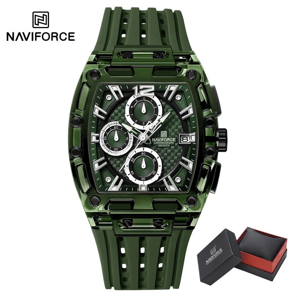 NAVIFORCE Men's Quartz Watch Multifunctional Colorful Chronograph Top Brand Silicone Strap 5ATM Waterproof Tonneau Wristwatches