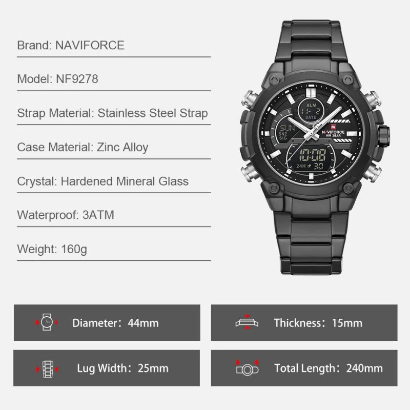 NAVIFORCE Men's Watch Luxury Quartz LCD Digital Sports Military Style Dual Display Chronograph Alarm Clock Wristwatch Gifts Box