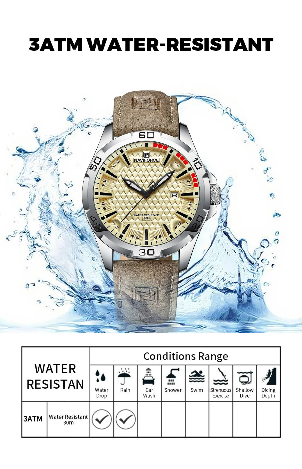 Naviforce Brand Sports Men Watches Leather Band Male 30m Waterproof Military Wristwatch Quartz Date Clock Relogio Masculino 2023