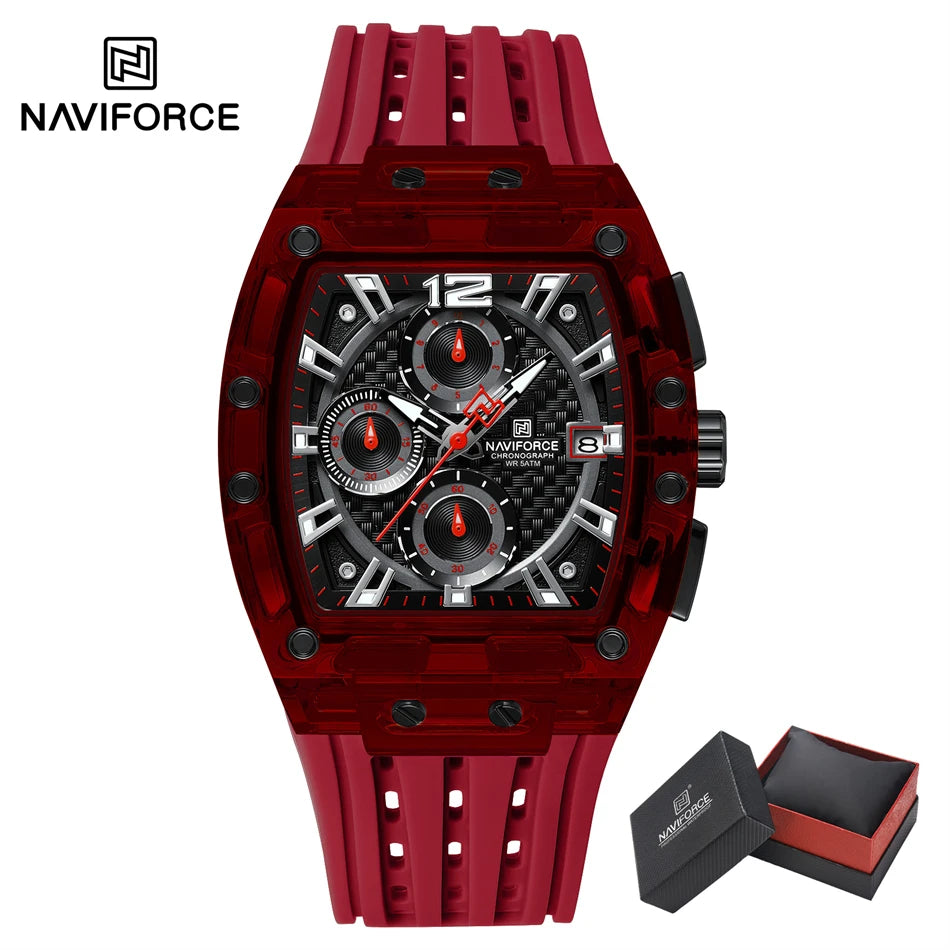 NAVIFORCE Men's Quartz Watch Multifunctional Colorful Chronograph Top Brand Silicone Strap 5ATM Waterproof Tonneau Wristwatches