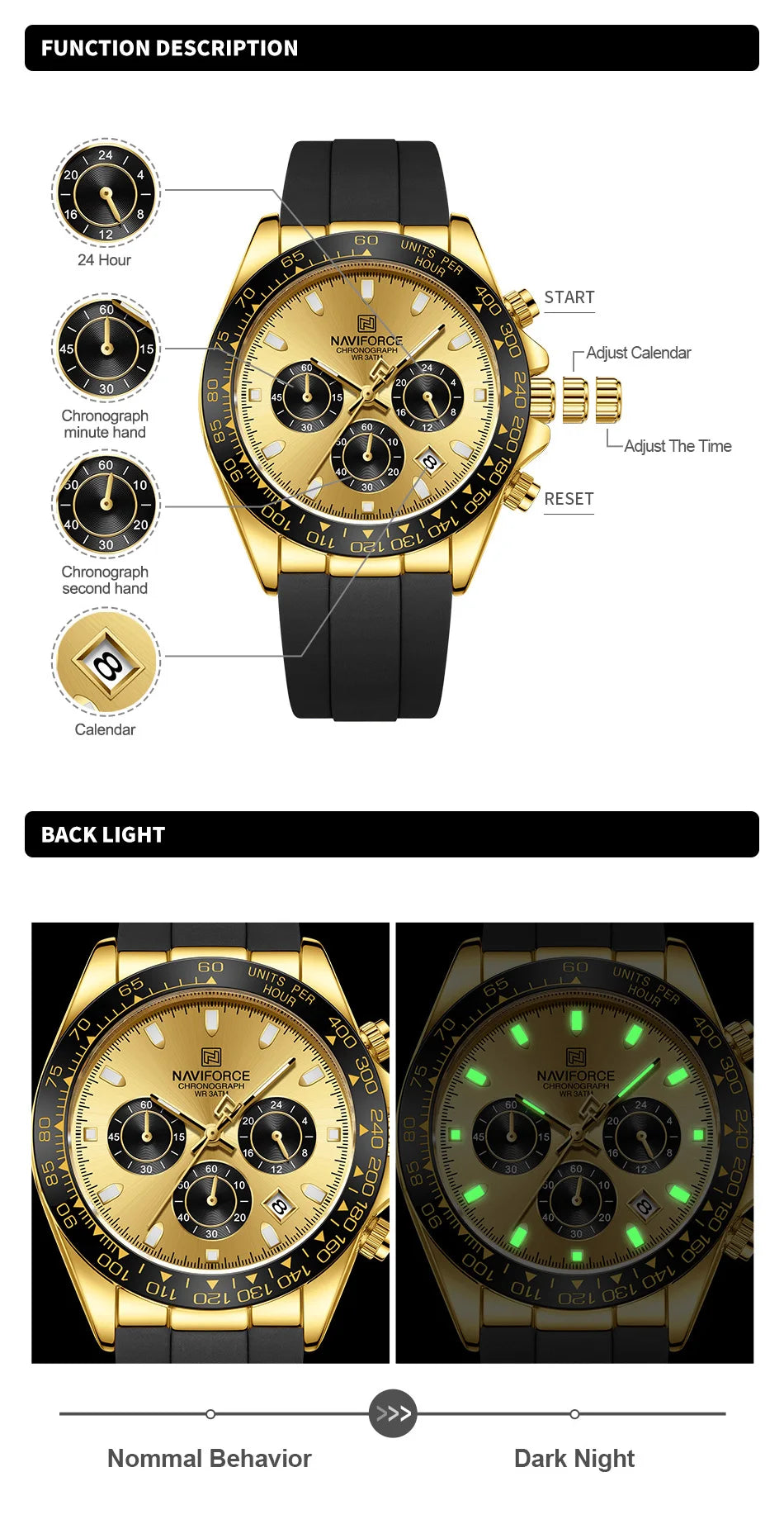 NAVIFORCE Brand Fashion Luxury Watch For Men Waterproof Chronograph Clock Business Casual Silicone Strap Wristwatches 2024 New
