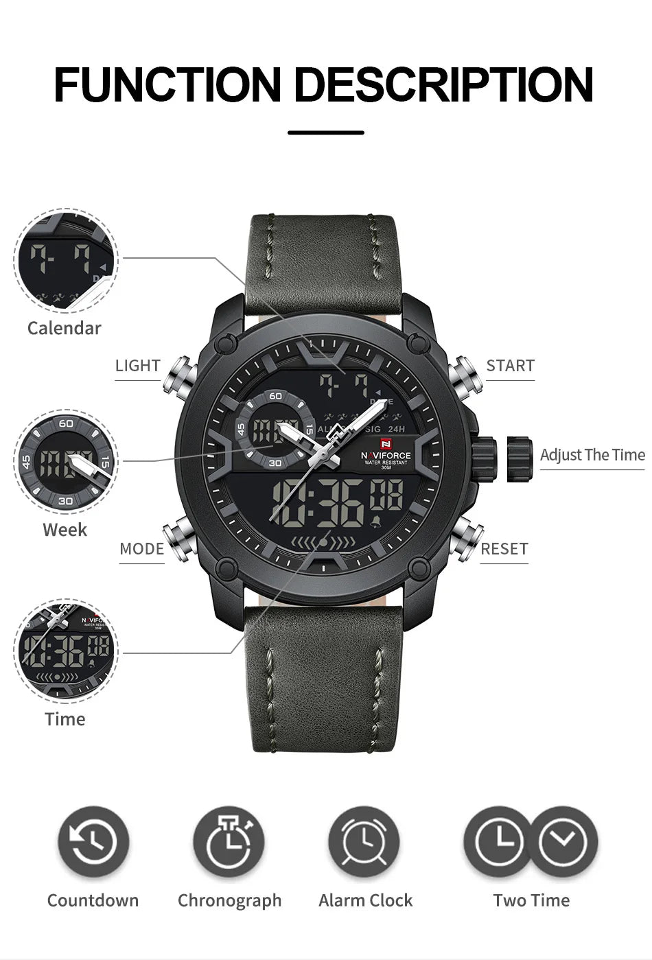 NAVIFORCE Men Watch Business Casual Fashion Dual Display Sport Genuine Strap Alarm Mode Quartz Wristwatch Man Waterproof Watch