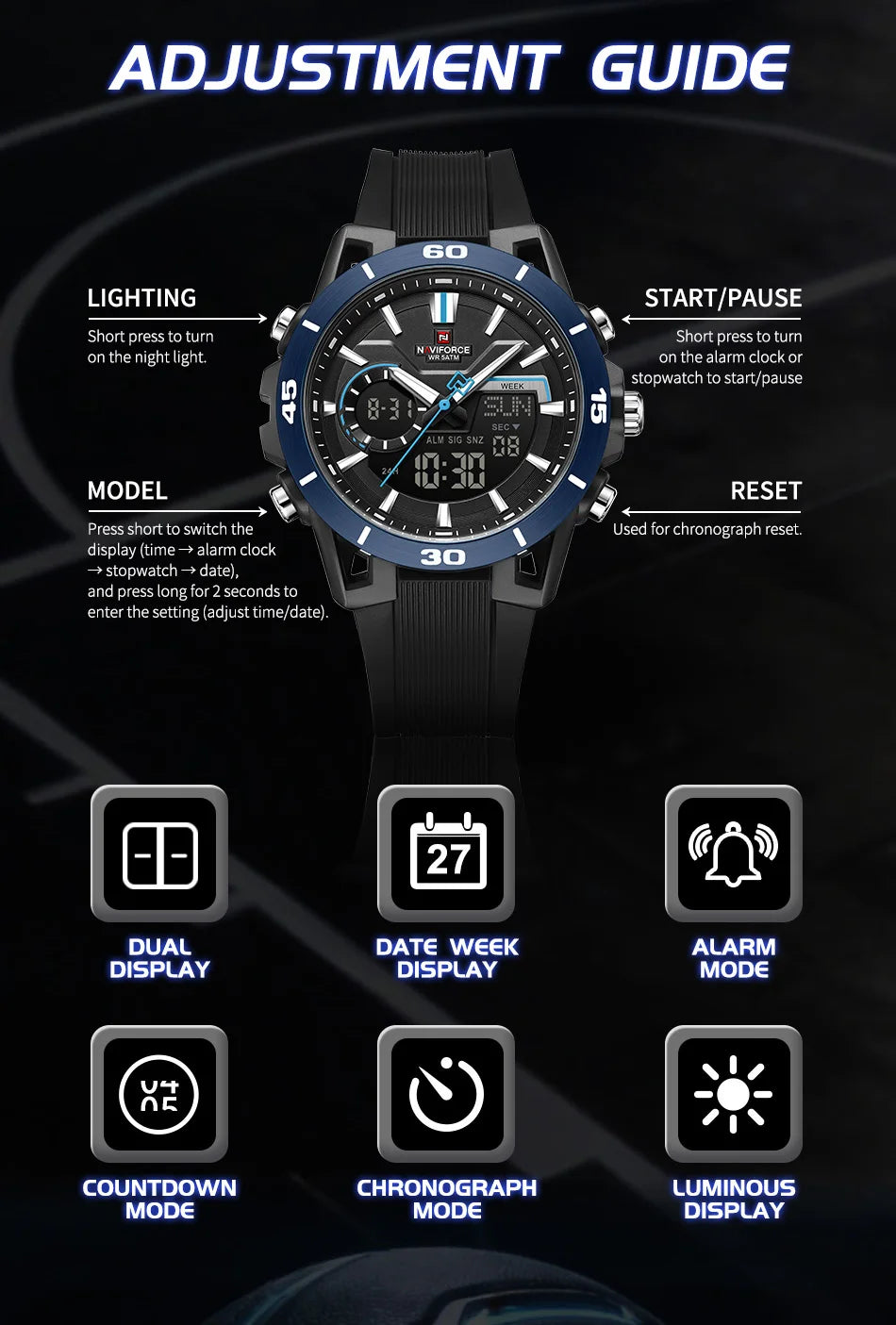 NAVIFORCE Men's Fashion Dual Display Watch 5ATM Waterproof Luminous Soft TPU Strap Male Sports Outdoor Daily Wristwatch Gift Box