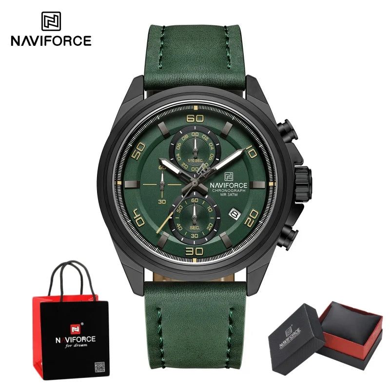 NAVIFORCE Men's Watch Quartz Chronograph Genuine Leather Strap Waterproof Luminous Hand Male Fashion Design Wristwatch Gifts Box
