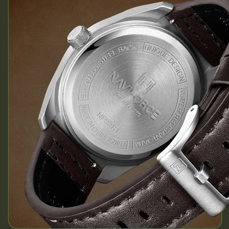 NAVIFORCE Men's Quartz Calendar Watch 3ATM Waterproof Leather Strap Casual Fashion Business Daily Wear Male Wristwatch Gift Box