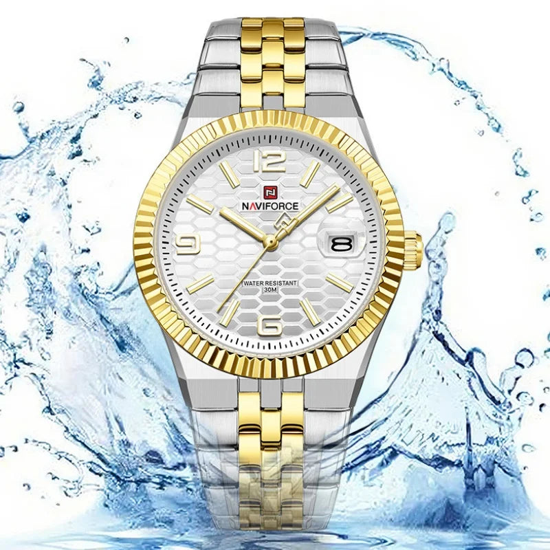 NAVIFORCE New Lover Watches 3ATM Waterproof Quartz Calendar Stainless Steel Fashionable Elegant Daily Wear Wristwatch for Couple