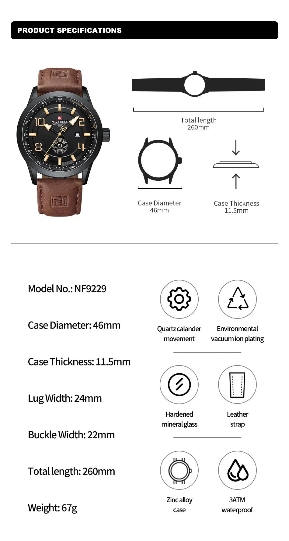 NAVIFORCE Watches for men Fashion Sports PU Strap 30m Waterproof Quartz Calendar Display Wristwatch Male Gift Relogio Masculino