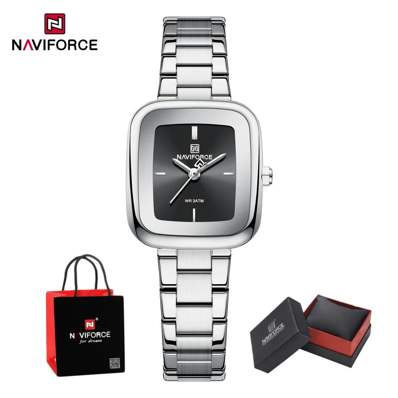 NAVIFORCE Square Watches for Women 3ATM Waterproof Stainless Steel Fashion Ultra Light Girls' Watch Wristwatch Gift Box for Lady