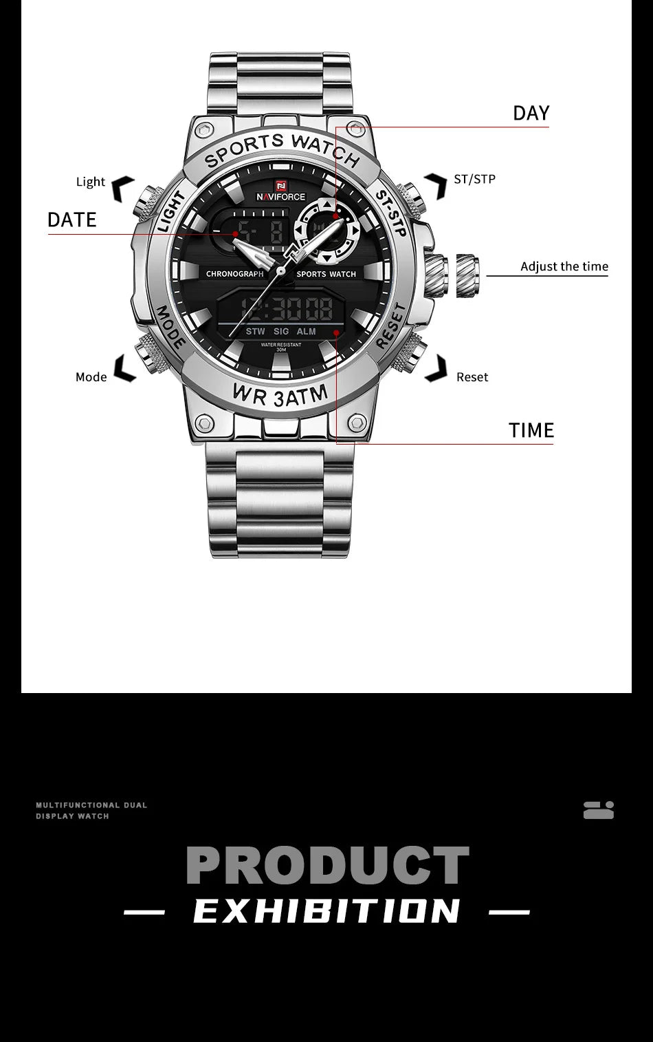 NAVIFORCE Men Watch Stopwatch Dual Time Display Men's Watch Fashion Sport Watch Stainless Steel Strap Waterproof  Package Gifts