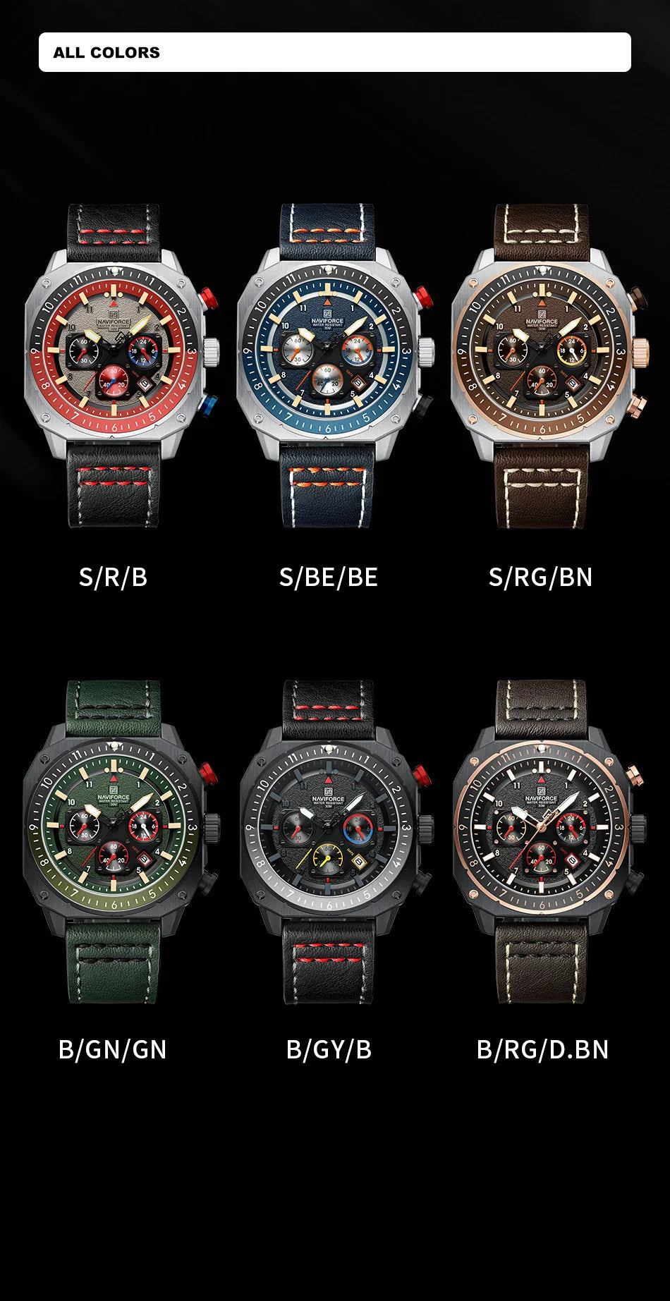 NAVIFORCE Sports Multifunction 24 Hours Date Display Waterproof Watch for Men Fashion Leather Quartz Analog Luminous Wrist Watch