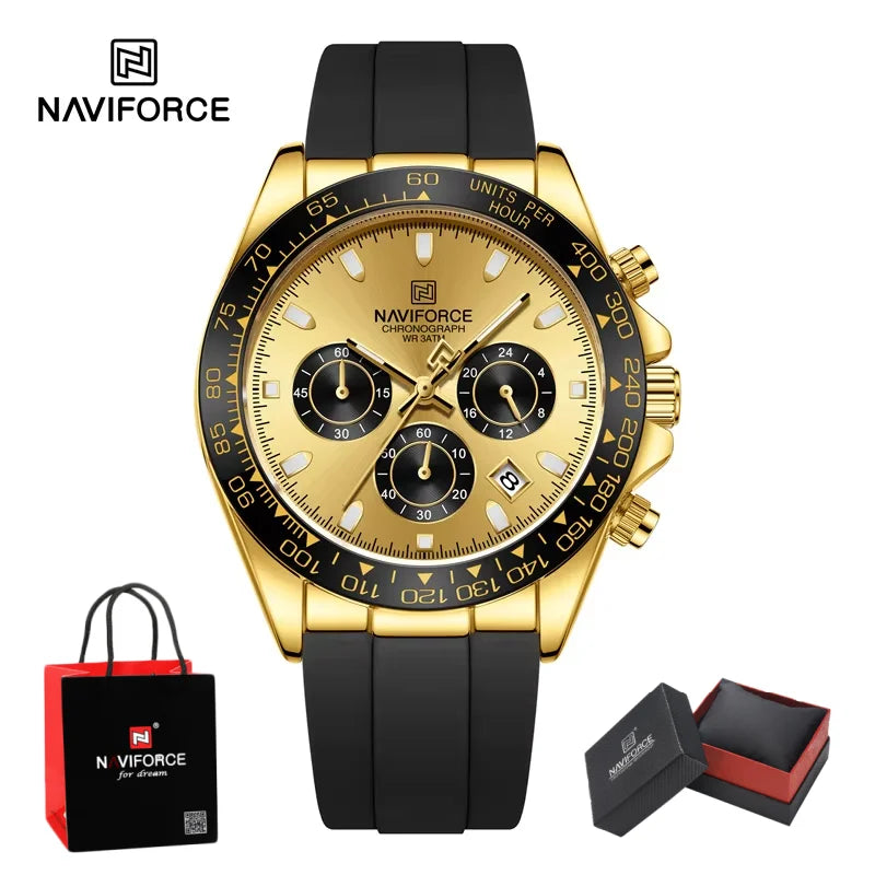 NAVIFORCE Quartz Men's Leisure Chronograph Watch Waterproof Luminous Silica Strap Unique Design Man Fashion Wristwatch Gift Box