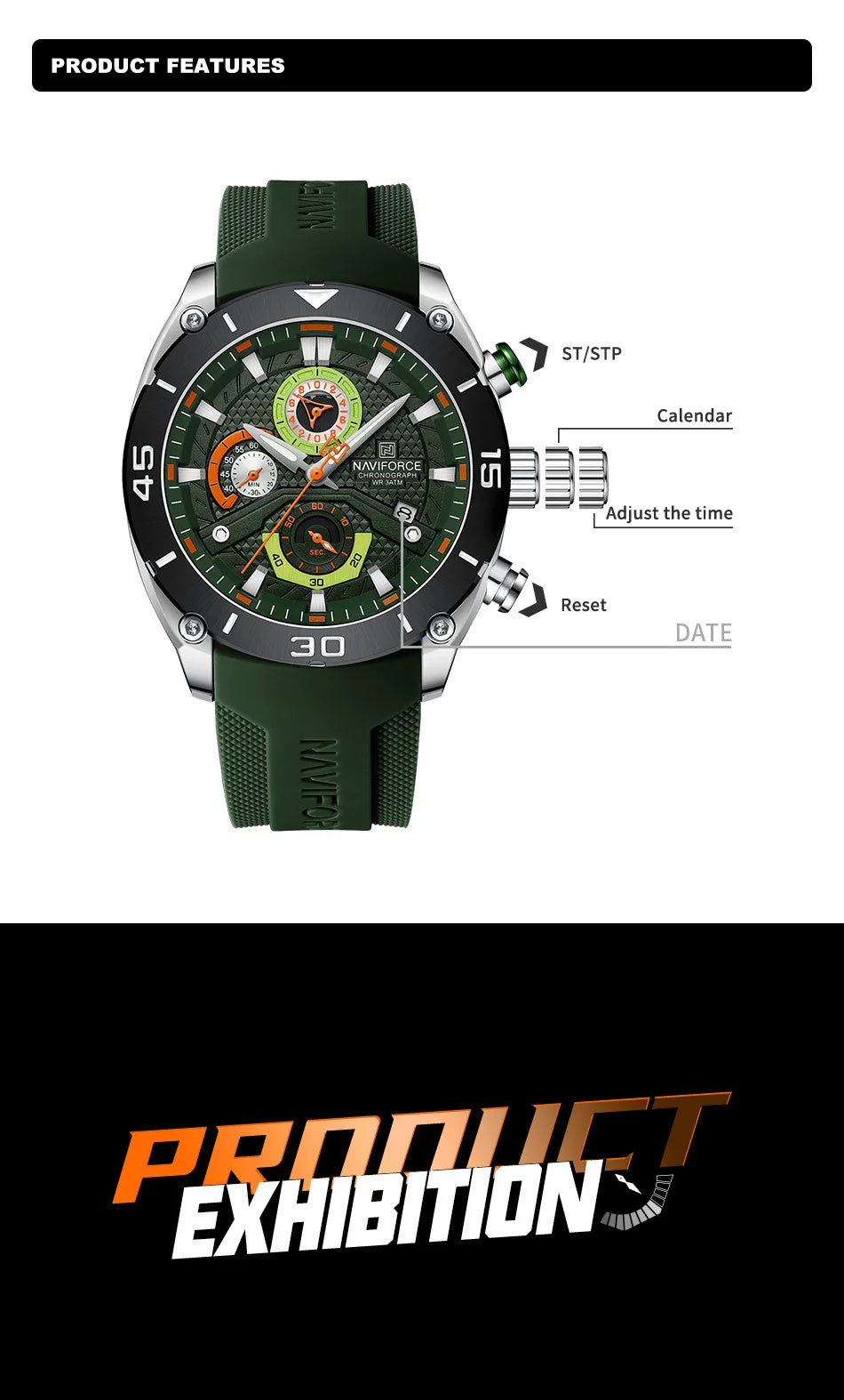 NAVIFORCE Man's Watch Quartz Chronograph 30M Waterproof Luminous Date Display Silicone Strap Trends Sports Wristwatch for Men