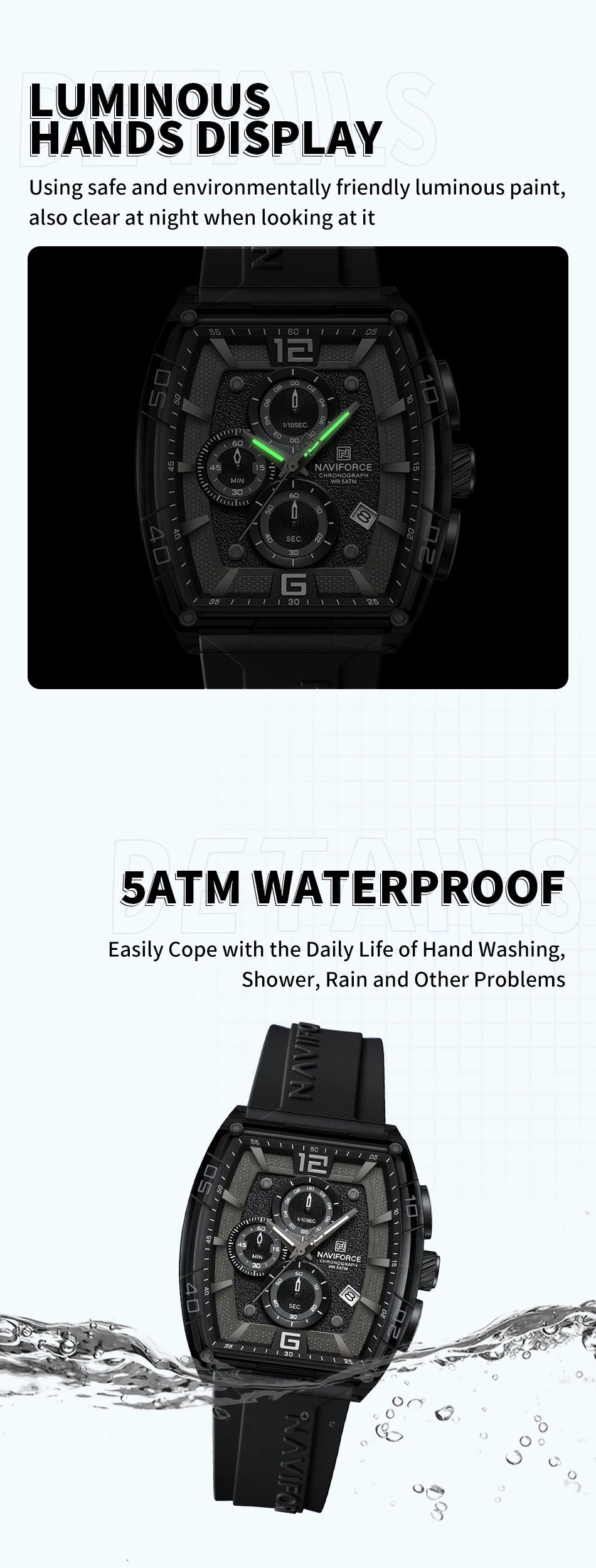 NAVIFORCE Men's Quartz Sports Casual Watch Silicone Strap Wristwatches Chronograph Waterproof Luminous Hands Man Auto Date Clock