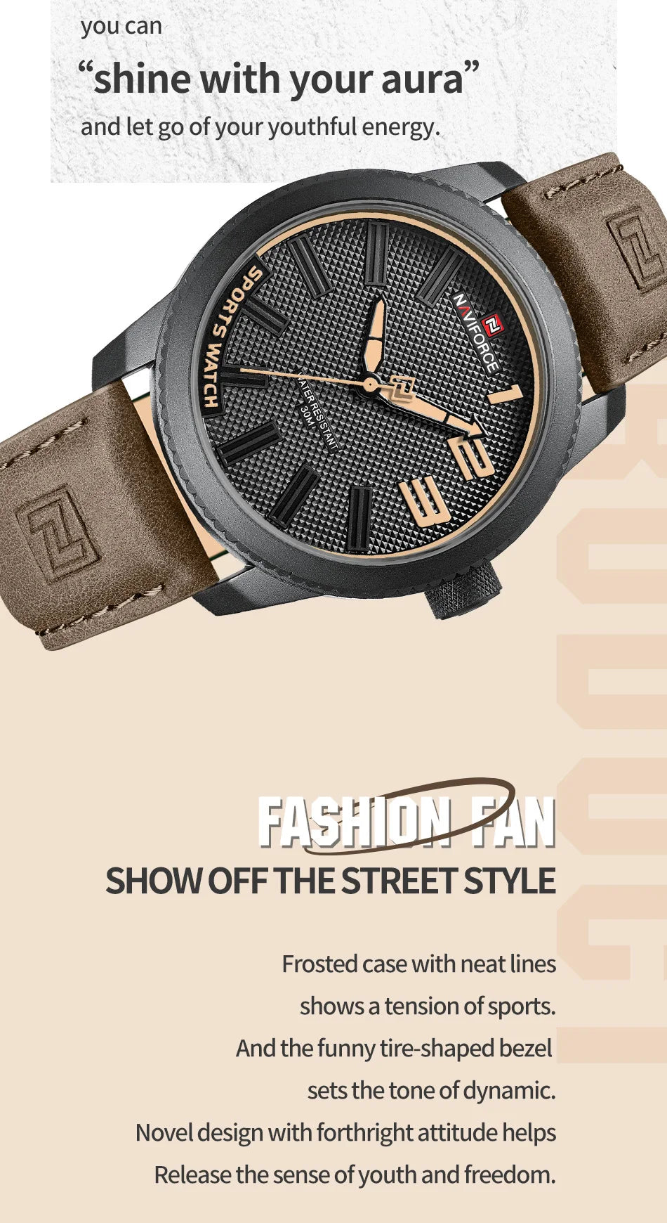 NAVIFORCE Man's Simple Fashion Quartz Watch Waterproof Soft PU Strap Mature Male Outdoor Daily Wear Sports Wristwatch Gifts Box