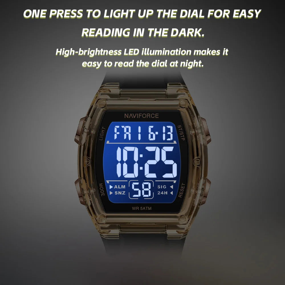 NAVIFORCE Men's Stylish Daily Wear Watch LCD Digital 5ATM Waterproof Date Week Display Male Sports Outdoor Wristwatch Gifts Box