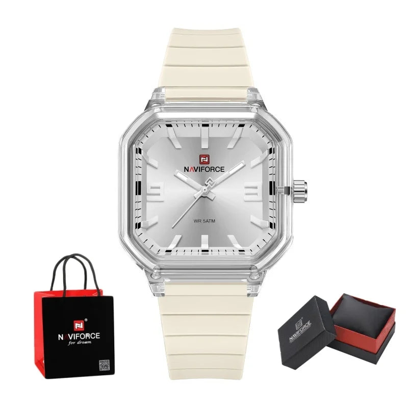 NAVIFORCE Women Polygon Watch Display Silicone Strap 50M Waterproof Luminous Fashionable Elegant Ladis Girls Wristwatch Gift Box