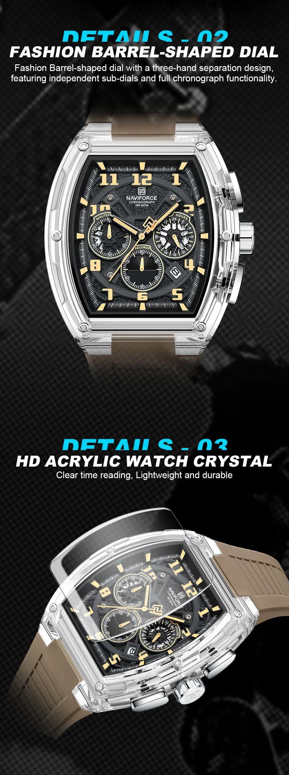 NAVIFORCE Men's Watch Quartz Chronograph Luminous Soft Silicone Strap Business Trendy Outdoor Casual Wristwatch Gift Box for Man