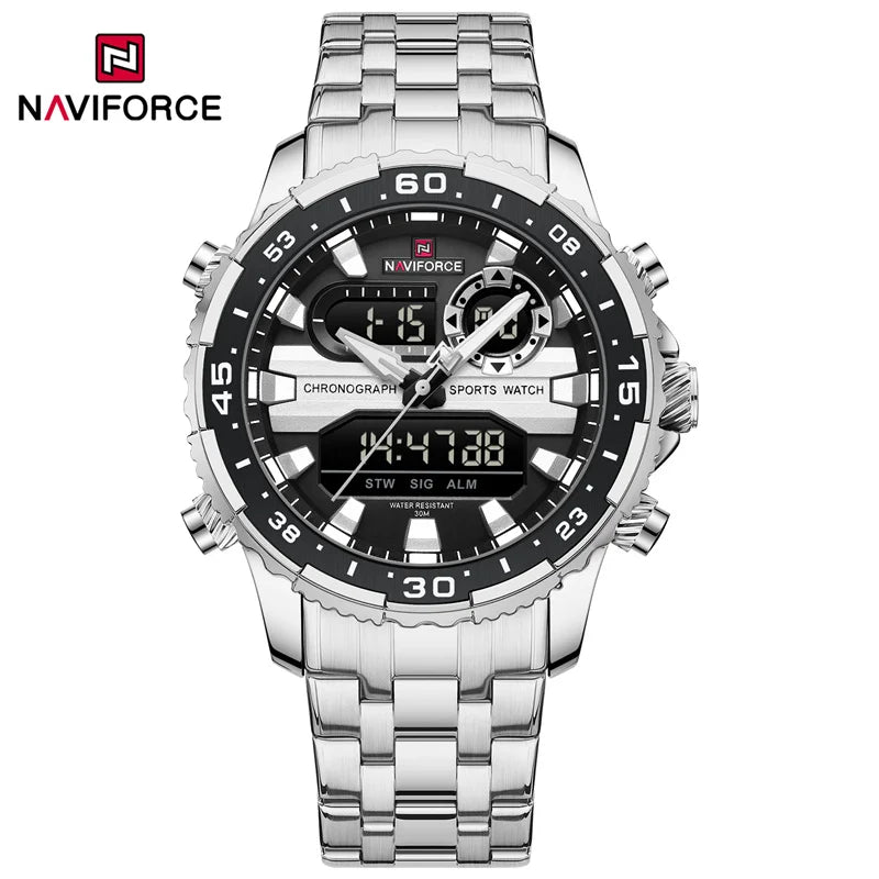 NAVIFORCE Men's Sports Alarm Watch Waterproof Chronograph Quartz Movement Steel Band Digital Date Week Display Wristwatches Gift