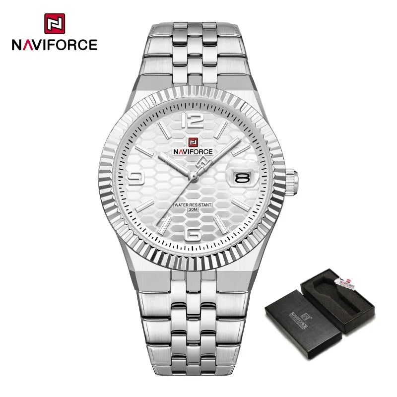 NAVIFORCE Men Watches Quartz Calendar Waterproof Luminous Magnifying Glass Window Stainless Steel Male Luxury Business Watches