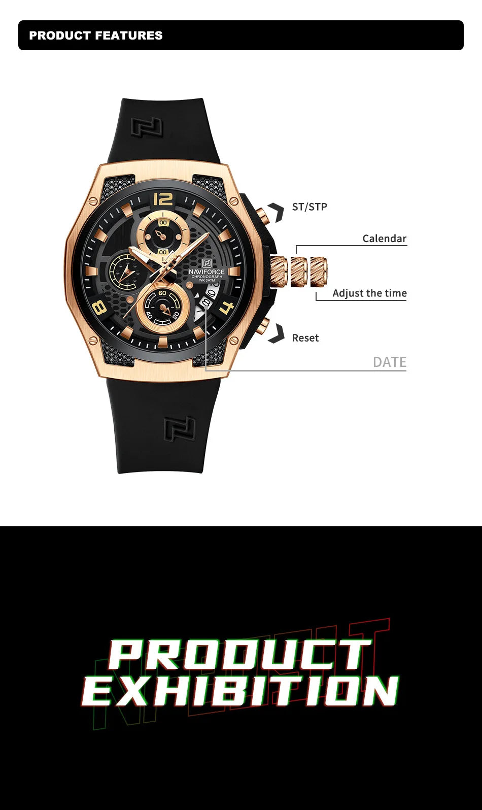 NAVIFORCE Men's Luxury Silicone Strap Male Quartz Wristwatch Casual Sport Waterproof Luminous Clock Relogio Masculino 2024 New