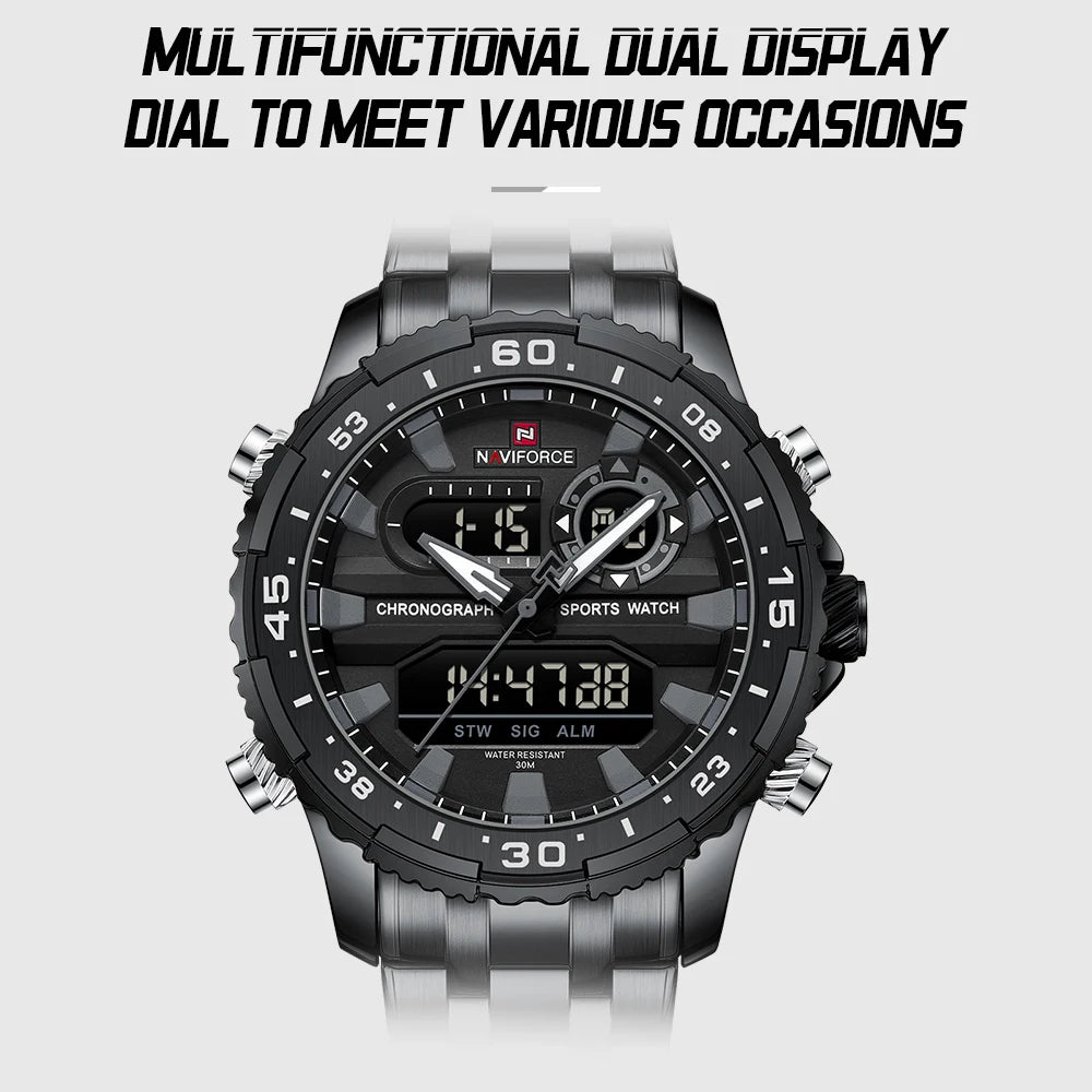 2024 Top Brand NAVIFORCE Men's Watch Quartz Analog LCD Digital Wristwatch Male Stainless Steel Strap Water Resistant Date Clock