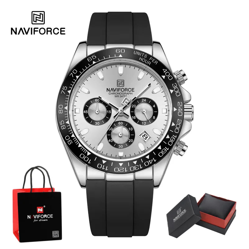 NAVIFORCE Quartz Men's Leisure Chronograph Watch Waterproof Luminous Silica Strap Unique Design Man Fashion Wristwatch Gift Box