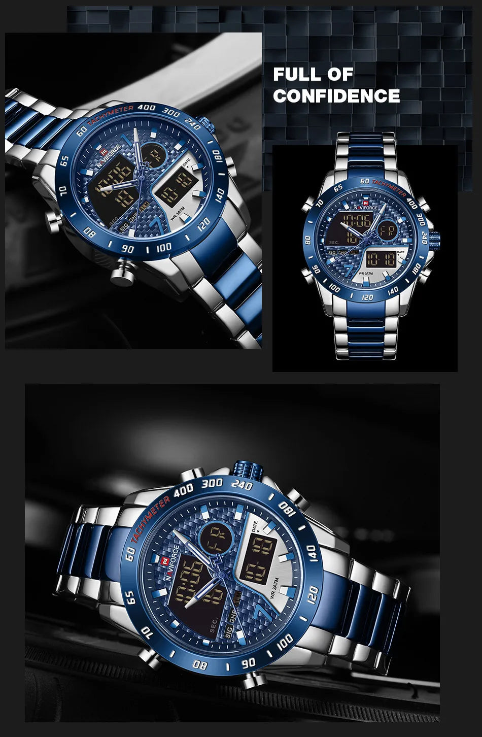 NAVIFORCE Male Quartz Dual Display Clocks Waterproof Luminous Stainless Steel Strap Watches Men Mature Style Wristwatch Gift Box