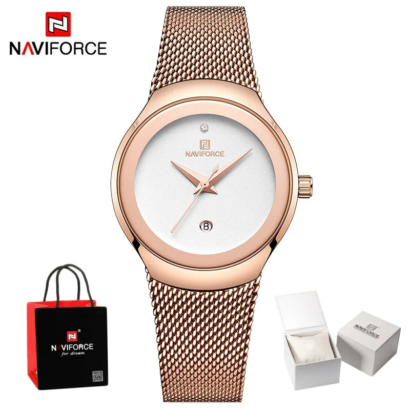 NAVIFORCE Women's Simple Quartz Watches 30M Waterproof Auto Date Steel Strap Female Casual Fashion Daily Use Wristwatch Gift Box