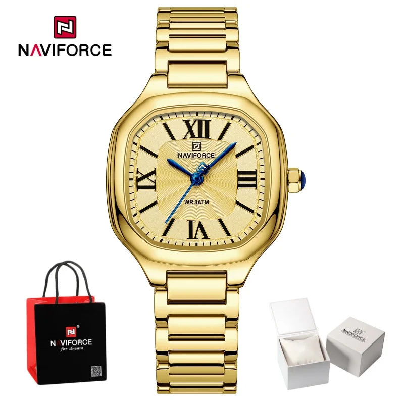 NAVIFORCE Women's Casual Fashion Quartz Watch Unique Design Waterproof Steel Strap Elegant Ladis Daily Wear Wristwatch Gift Box