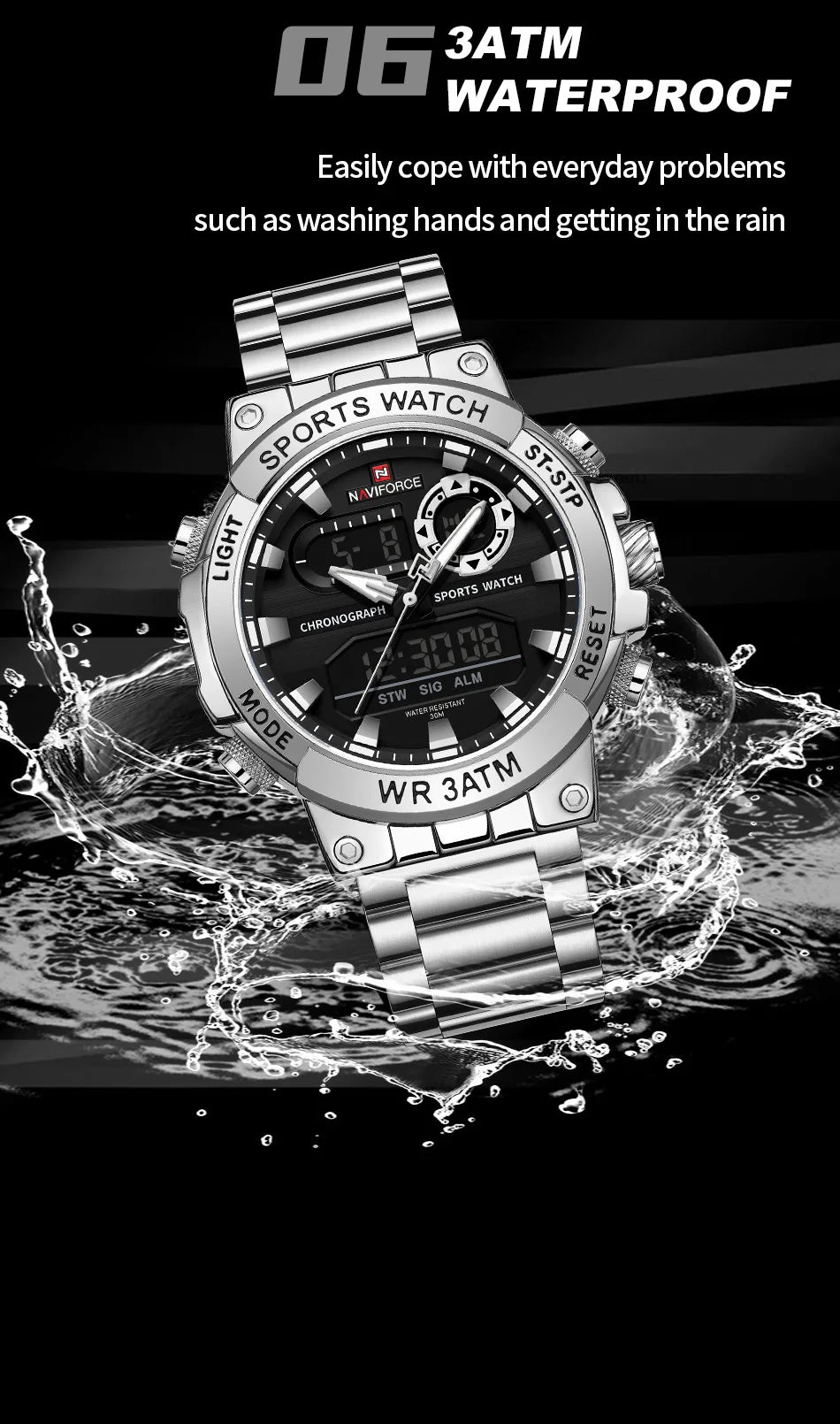 NAVIFORCE Men Watch Stopwatch Dual Time Display Men's Watch Fashion Sport Watch Stainless Steel Strap Waterproof  Package Gifts