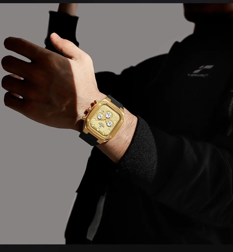 NAVIFORCE Men's Luxury Gold Watch Fashion Silicone Strap Quartz Movement Waterproof Square Wristwatch with Luminous Hands And Da